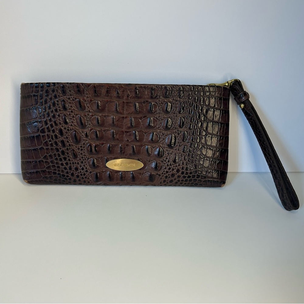 Brahmin Brown Croc-Embossed Wristlet Interior View with Gold Hardware